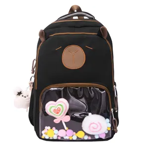 Transparent school backpack for girls, large capacity cute black book bag with cute plush decor.