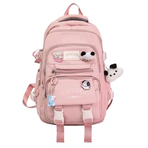 Pink canvas backpack for school cute dog charms large capacity travel schoolbags