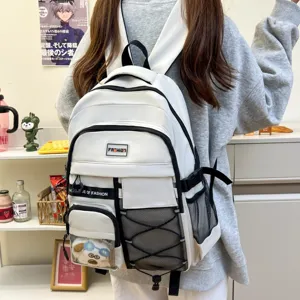 Detailed view of the stylish white student backpack with multiple pockets and large capacity.