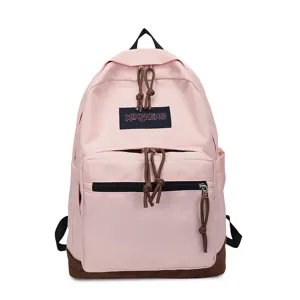 Stylish pink canvas backpack with brown bottom, casual school bag for men and women students.