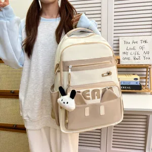 Cute Japanese style casual canvas backpack for students with cute bunny pendant and ears.
