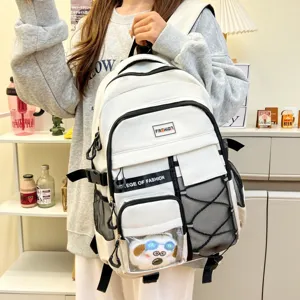 Large capacity white school backpack for students, multi-pocket casual daily daypack