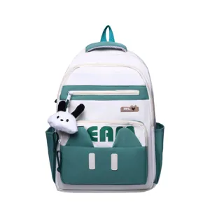 White and green casual school backpack with cute plush pendant and cat ears front main view