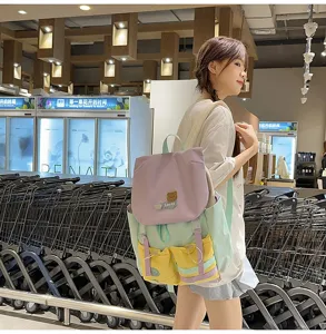 Color-block backpack for students, large capacity casual sweet school bag detail view.