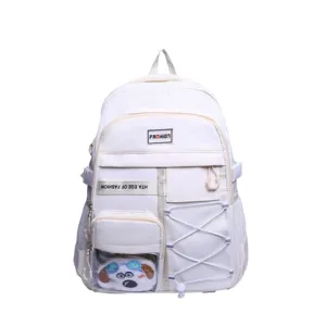 Large capacity casual school backpack for students, multi-pocket canvas daypack in beige.