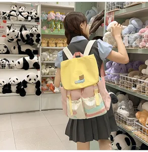 Cute dopamine colorblock canvas backpack for teen students, large capacity casual bookbag