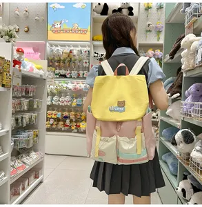 Detailed view of colorful dopamine blocking backpack in retail store scene showcasing design