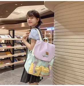 Detailed view of a colorful color-block backpack for students and casual daily use