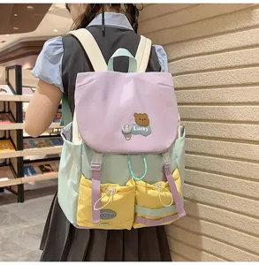 Dopamine color block backpack for teen girls, large capacity casual school book bag style.
