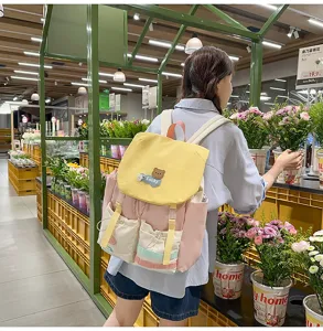 Colorful dopamine style backpack for daily use with cute bear patch large capacity