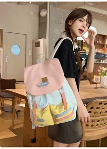 Colorful multi-pocket canvas backpack for students, cute casual dopamine daily school bag.