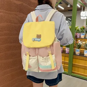 Color-blocked casual backpack for students, large capacity sweet style school bag for daily use.