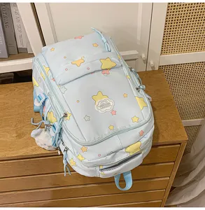 Detailed view of the cute pastel blue school backpack featuring lovely star prints and ample space.