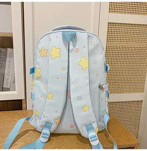 Sweet star pattern light blue backpack detail, cute school bag for students, lightweight design.