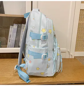 Light blue star pattern backpack detail view, cute school bag side display with pockets and straps.