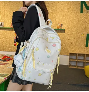 Cute Japanese style candy color casual backpack detail shot with stars pattern and plush pendant.