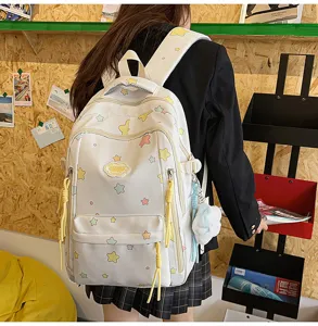Japanese style sweet candy color school backpack for teen girls, cute star print bookbag.
