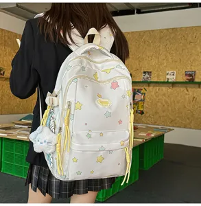 Cute Japanese style candy color star print canvas school backpack detail view for teen girls.