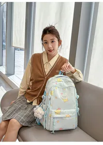 Detailed view of sweet candy color school backpack with cute star patterns and fluffy pendant.