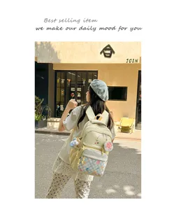 Japanese style casual large capacity backpack with cute check pattern and charms for daily commute.