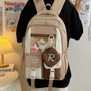 Casual canvas multi-pocket backpack cute student school bag with transparent front window