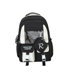 Black white ita backpack large capacity school bag with clear window and cute pendant daily use.