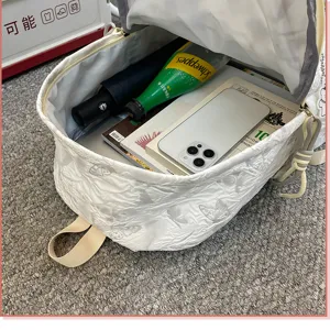White crinkled fashion casual backpack large capacity school bag for women daily travel use