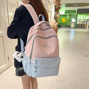 Korean style college backpack for students, large capacity pink and blue school bag lightweight.
