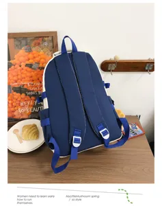 Japanese color-block casual backpack detail view featuring durable straps and sleek white buckles.