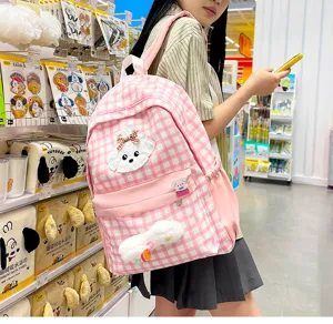 Pink plaid backpack with cute dog doll, large capacity Japanese style school bag for girls.