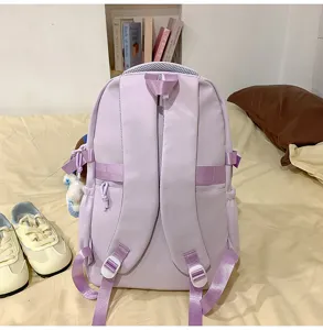 Backpack detail view, purple casual school bag, large capacity, adjustable straps.
