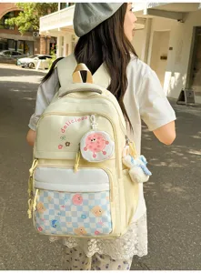 Backpack detail view showing large capacity, cute printed patterns and comfortable shoulder straps.