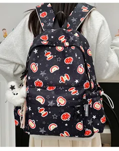 Cute cartoon print black backpack for women casual stylish school bag daily use