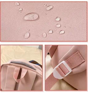 Pink school backpack detail view showing waterproof fabric texture, handle, and strap buckle.