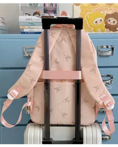 Pink butterfly print casual school backpack with luggage strap for daily travel use