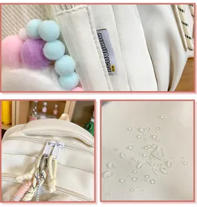 Primeros planos de la mochila blanca con cremalleras suaves y tejido impermeable.