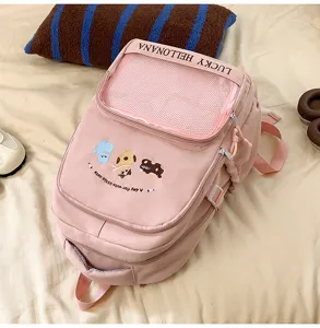 Pink cute cat embroidery school backpack with mesh window, large capacity casual daypack.