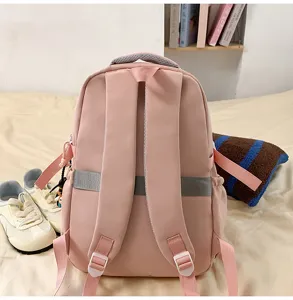 Pink student backpack detail view, featuring comfortable straps and durable daily wear design.
