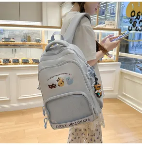 Light blue cute school backpack for teen girls large capacity travel student bookbag with cat embroidery