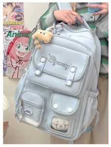 College style school backpack for women, large capacity computer travel bag light blue