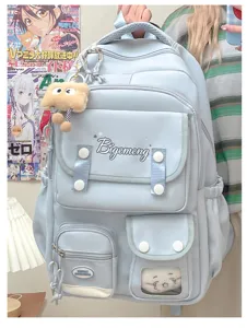 Light blue college style backpack, casual daypack with multiple pockets and cute plush pendant for daily use.