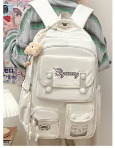 Detailed view of the Korean style college student backpack, featuring multi-pockets and design.