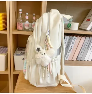 Mochila escolar monocolor de estilo japonés con bolsillo delantero transparente, gran capacidad.