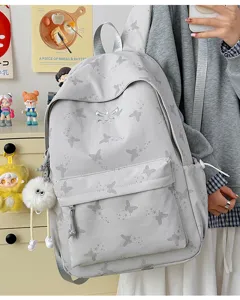 Grey butterfly print student backpack with large capacity, casual daily school bookbag.