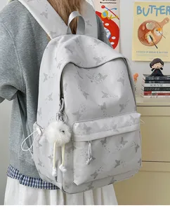 Grey butterfly print casual backpack for school girls, spacious college bookbag style.