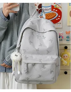 Stylish grey butterfly pattern backpack for women, large capacity minimalist school bag for daily use.