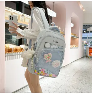 Detalle de la mochila ita azul claro con bolsillo delantero transparente y accesorios.