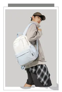 Detailed view of stylish contrast color casual backpack for daily use and campus students.