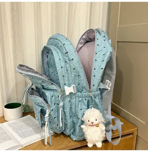 Light blue Japanese style polka dot backpack with cute sheep plush keychain for student travel.