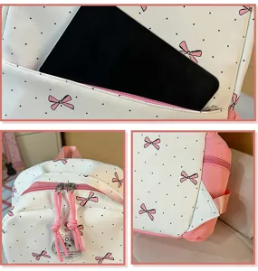 Backpack detail view showcasing durable nylon fabric, cute pink bow print, and smooth zippers.